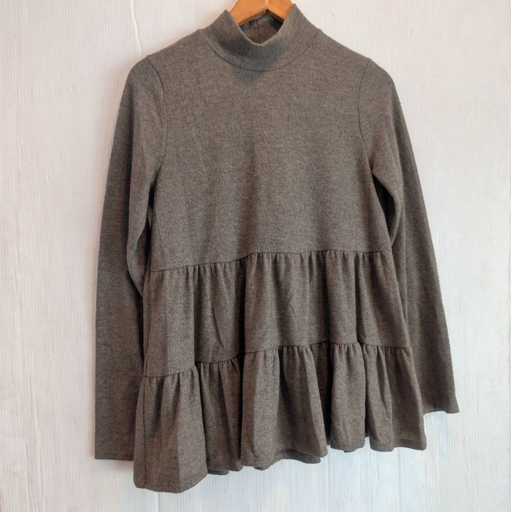 ENTRO Women's Brown Cozy Tiered Ruffle Long Sleeve Sweater Top Boho - Picture 3 of 6